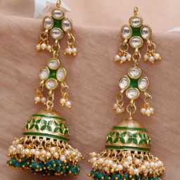 Karatcart Gold-Plated Green Meena Handcrafted Kundan Jhumki Earrings-34