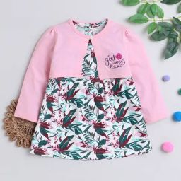 Bumzee Kids White & Pink Floral Print Full Sleeves Frock with Shrug-image-85