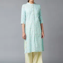 W Blue Woven Pattern Straight Kurta-image-6