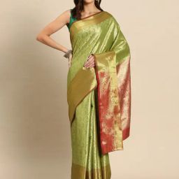 JUST FASHION Green Silk Woven Saree With Unstitched Blouse-image-104