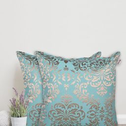 Home Turquoise Blue & Gold-Toned Set of 2 Ethnic Motifs Cotton Square Cushion Covers-33