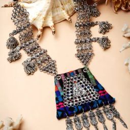 Moedbuille Handcrafted Embroidered Work Tasselled Filigree Design Oxidised Silver Plated Necklace-18