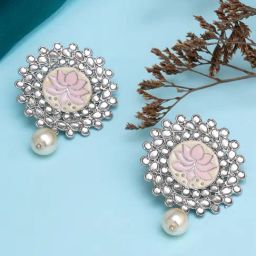 Karatcart Oxidized Silver Pink Meena Pearl Beads Kundan Drop Earrings-41