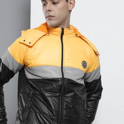 The Indian Garage Co Men Black & Yellow Colourblocked Padded Jacket-image-80