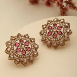 Aatmana Purple & Gold-Toned Kundan Studded Floral Stud Earrings-image-64