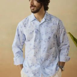 Andamen Blue Cotton Relaxed Fit Printed Shirt-image-62