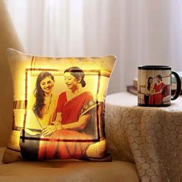 FNP Multicolor Ceramic Led Cushion With Mug Personalised Combo (325ml) - Set of 2-0