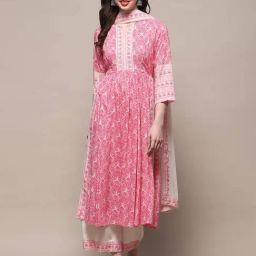 Biba Pink & White Floral Print Kurta Palazzo Set With Dupatta-image-55