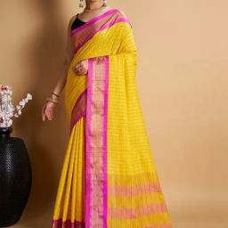Satrani Yellow Chequered Saree With Unstitched Blouse-image-54