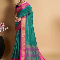 Satrani Sea Green Chequered Saree With Unstitched Blouse-image-87