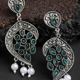 Karatcart Oxidized Silver Green Stone Drop Earrings for Women-5