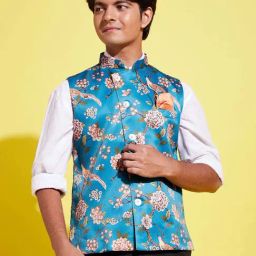VASTRAMAY Boys Turquoise Floral Indowestern-image-94