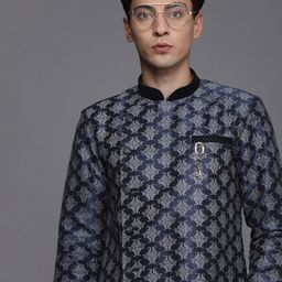 Manyavar Men Navy Blue Ethnic Motifs Jacquard Self Design Kurta with Pyjamas-image-97