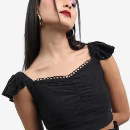 KETCH Flutter Sleeves Sweet Heart Neck Smocked Schiffli Crop Top-picture-26