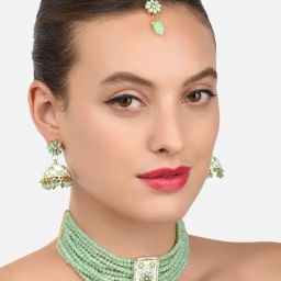 Zaveri Pearls Green White Meenakari Crystal Multistrand Necklace Earring & Maangtikka Set-ZPFK10275-24