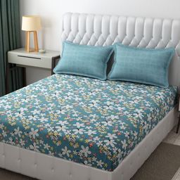 KIDS WONDERS Teal & Red Floral Microfiber 300 TC Double King Bedsheet Set-2.74mx2.74m-image-1