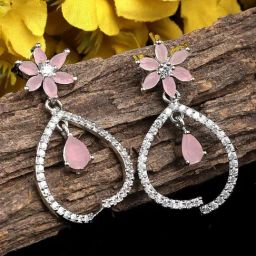 Karatcart Pink Cubic Zirconia Studded Drop Earrings for Women-image-9