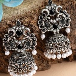 Karatcart Oxidized-silver Black Stone Jhumki Earrings for Women-21
