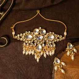 PANASH Gold-Pleated Kundan Stone Studded & Pearls Beaded Jewellery Set-image-85