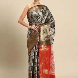 JUST FASHION Olive Green Silk Woven Saree With Unstitched Blouse-image-87