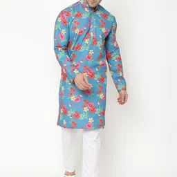 Hangup Men Turquoise Blue Floral Printed Kurta with Pyjamas-picture-55