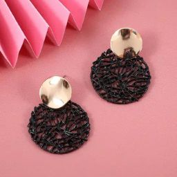 Sohi women's gold & black textured circular drop earrings-image-4