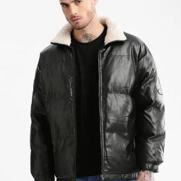 Showoff Black Slim Fit Quilted Quilted Jacket-image-60