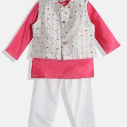 READIPRINT FASHIONS Kids Pink & White Embellished Full Sleeves Kurta, Pyjamas with Nehru Jacket-image-3