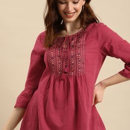 all about you Pink Geometric Yoke Design Pure Cotton A-Line Kurti-picture-6