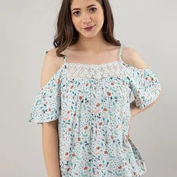 PRETTY LOVING THING White & Sea Green Floral Printed Cold Shoulder Top-picture-49