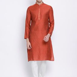 Sanwara Men Rust & White Embroidered Kurta with Pyjamas-picture-8