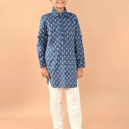 LilPicks Kids Blue & White Printed Full Sleeves Kurta With Pyjamas-picture-7