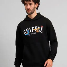 GRIFFEL Black Regular Fit Graphic Print Hooded Sweatshirt-image-22
