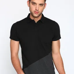 Basics Men Black Colourblocked Polo Collar T-shirt-image-85