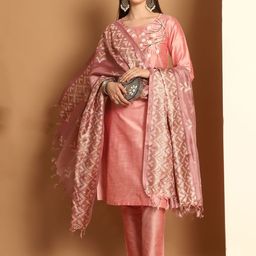 Jompers Women Floral Embroidered Regular Chikankari Kurta with Trousers & With Dupatta-image-11
