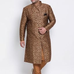 hangup plus Men Brown & Gold-Coloured Self-Design Sherwani Set-28