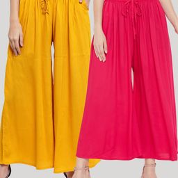 Clora Creation Women Pack Of 2 Pink & Mustard Yellow Flared Knitted Palazzos-image-65