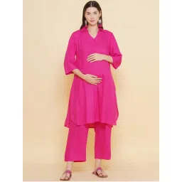 Mine4Nine Women Pink Color Shirt Collar Maternity & Nursing Kurta with Pyjama (Set of 2)-picture-9