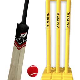 Airic Dashing Kashmiri Popular Willow bat with Plastic Wicket Set and Tennis Ball Cricket Kit - Yellow-24