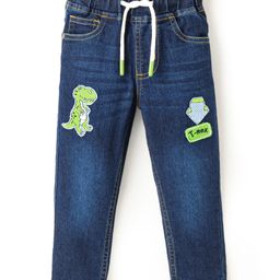 Babyhug Denim Full Length Washed Stretch Jeans Dino Embroidery - Blue-picture-2