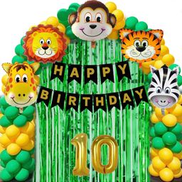 Bubble Trouble 2 Year Jungle Theme Birthday Decoration Kit Boys 37 Combo Animal Face Foil Balloon Birthday Backdrop Foil Curtain Jungle Theme Banner Items Pack of 88-  Green Yellow-11