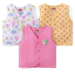 Babyhug 100% Cotton Poplin Sleeveless Front Open Jhablas Floral Print Pack of 3- Pink Yellow & White-image-91