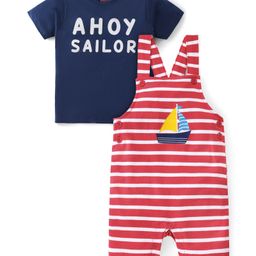 Babyhug Single Jersey Knit Striped Dungaree with Half Sleeves T-Shirt Boat & Text Print - Red & Blue-image-90