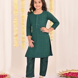 Vastramay Three Fourth Sleeves Floral Embroidered & Sequin Embellished Schiffli Cotton Kurta &  Pyjama Set - Green-image-28