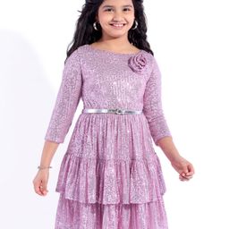 Hola Bonita Three Fourth Sleeves Knee Length Sequined Tiered Party Frock With Floral Applique  - Lilac-image-19