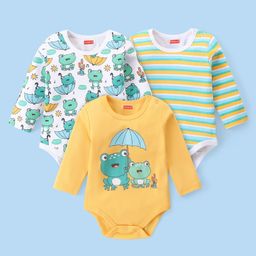 Babyhug 100% Cotton Knit Full Sleeves Froggy Printed Onesies Pack of 3 - Multicolour-image-12