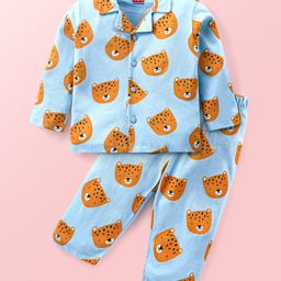 Babyhug Cotton  Knit Full Sleeves Front Open Night Suit with Tiger Print- Blue-image-80