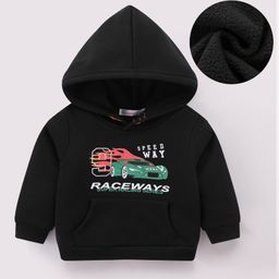 Kookie Kids Full Sleeves Hooded Sweatshirt With Cars Print & Kangaroo Pockets - Black-image-68