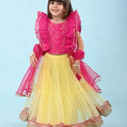 Babyhug Woven  Frill Sleeves Net Sequinned Floral Embroidered  Choli Lehenga & Dupatta Set - Yellow-image-96