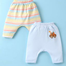 Ben Benny 100% Cotton Knit Full Length Diaper Leggings With Stripes & Animal Print Pack Of 2 - Off White & Light Blue-image-38